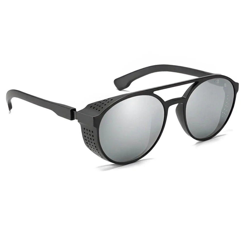 Mens Steampunk Outfit Sunglasses Matte Black Silver Mirror Lens Side Shields New